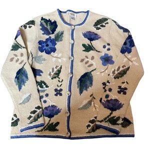 Talbots vintage winter Floral Knit Sweater - Blue and Cream floral leaves size S